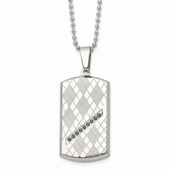 Stainless Steel Polished & Textured Black CZ Dog Tag Necklace