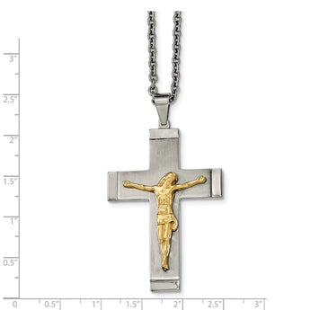 Stainless Steel Brushed, Polished Yellow IP-plated Crucifix Necklace