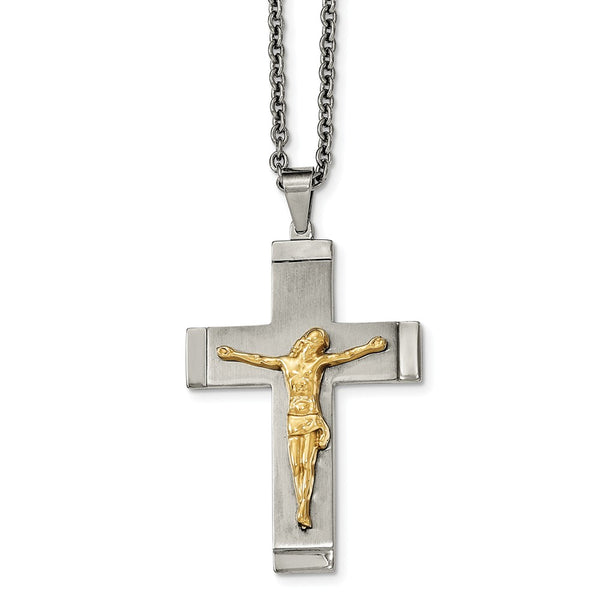 Stainless Steel Brushed, Polished Yellow IP-plated Crucifix Necklace