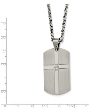 Stainless Steel Brushed and Polished w/ CZ Cross Dog Tag Necklace