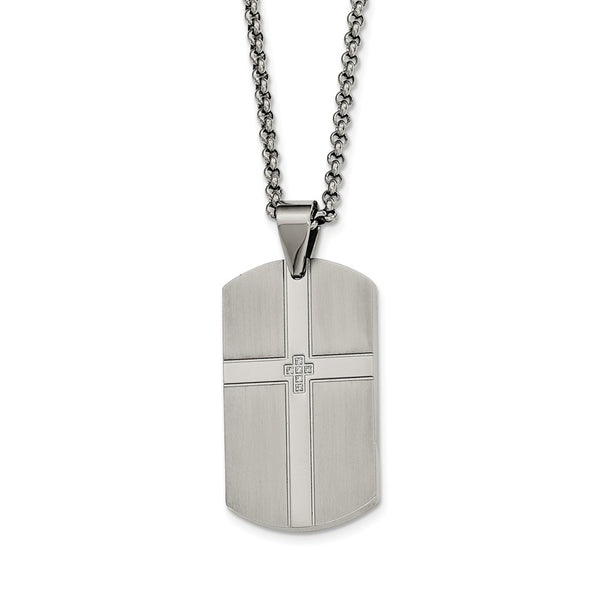 Stainless Steel Brushed and Polished w/ CZ Cross Dog Tag Necklace