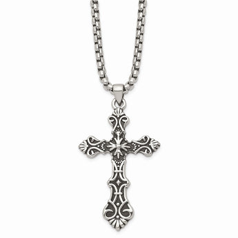 Stainless Steel Polished and Antiqued Cross Necklace