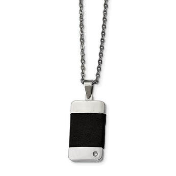 Stainless Steel Polished w/ CZ & Leather Reversible Inlay Necklace