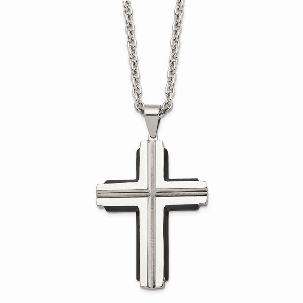 Stainless Steel Polished Black IP-plated Cross Necklace