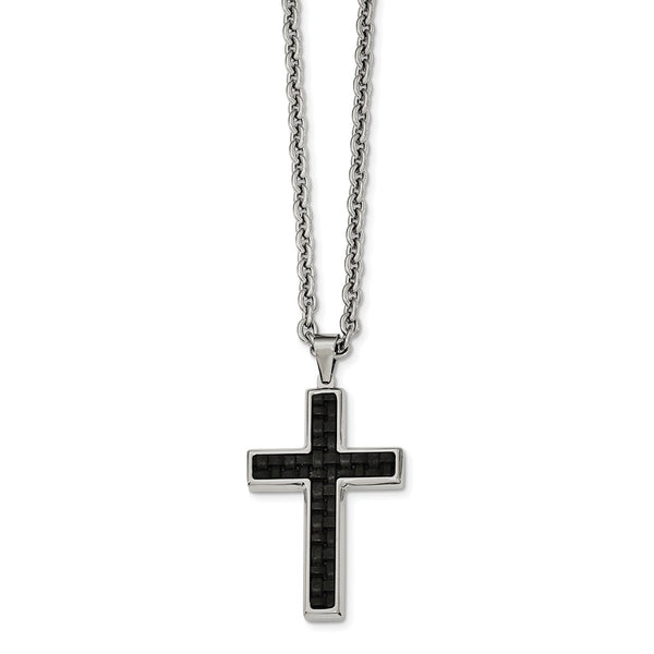 Stainless Steel Polished Leather Inlay Cross Necklace