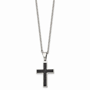 Stainless Steel Polished and Textured Black IP-plated Cross Necklace