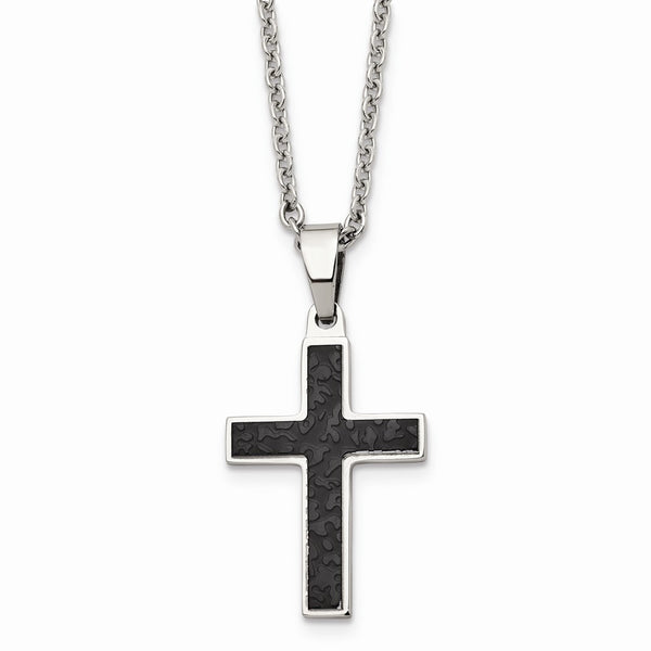 Stainless Steel Polished and Textured Black IP-plated Cross Necklace