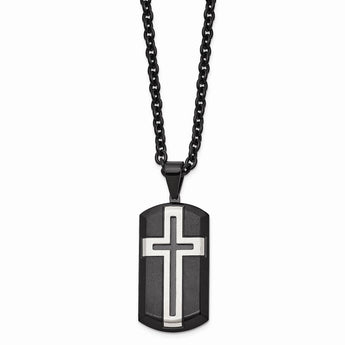 Stainless Steel Brushed and Polished Black IP-plated Cross Necklace