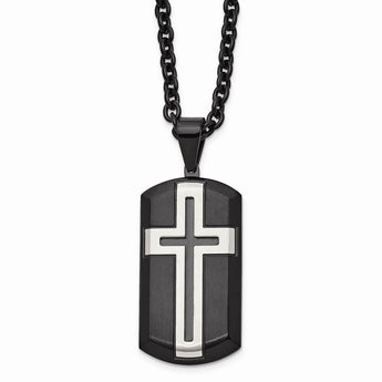 Stainless Steel Brushed and Polished Black IP-plated Cross Necklace