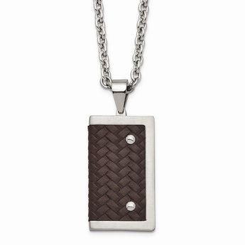 Stainless Steel Reversible Brushed & Polished with Brown Leather Necklace