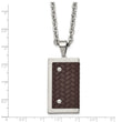 Stainless Steel Reversible Brushed & Polished with Brown Leather Necklace