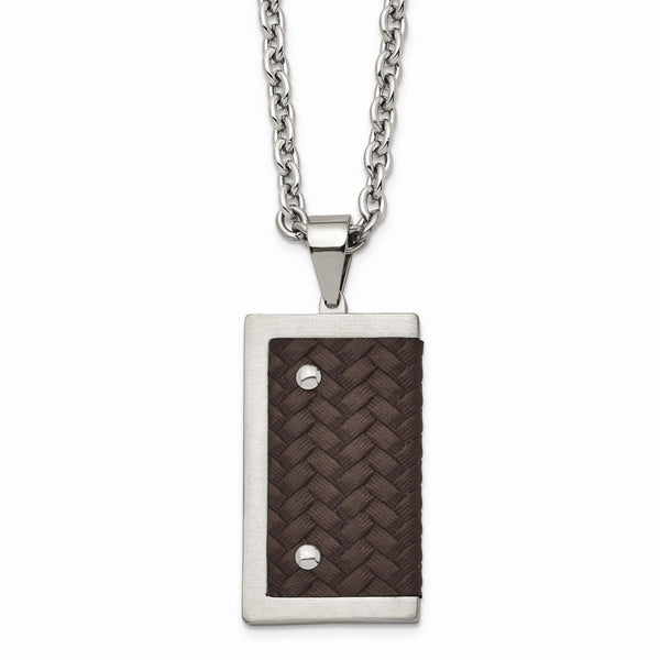 Stainless Steel Reversible Brushed & Polished with Brown Leather Necklace