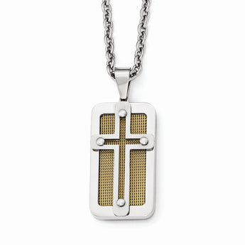 Stainless Steel Polished Yellow IP-plated Wire Inlay Cross Necklace