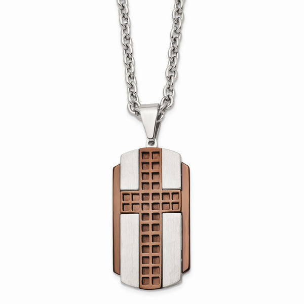 Stainless Steel Brushed & Polished Brown IP-plated Cross Necklace
