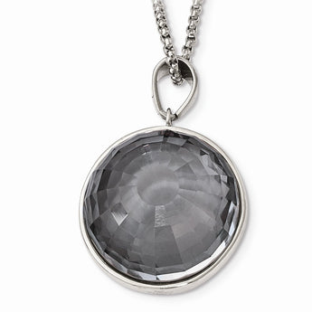 Stainless Steel Polished Grey & Clear Glass Round Pendant Necklace