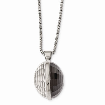 Stainless Steel Polished Grey & Clear Glass Round Pendant Necklace