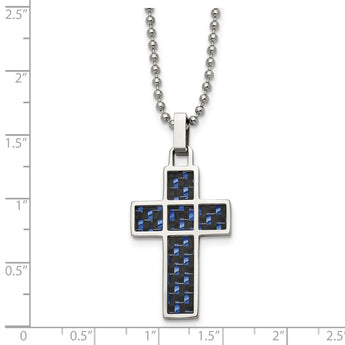 Stainless Steel Polished Black/Blue Carbon Fiber Inlay Cross 20in Necklace