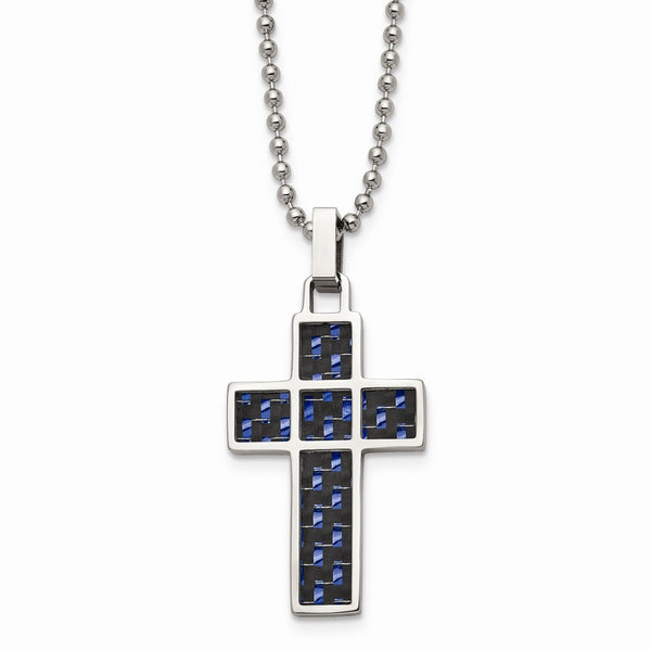 Stainless Steel Polished Black/Blue Carbon Fiber Inlay Cross 20in Necklace