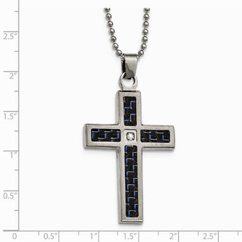 Stainless Steel Brushed/Polished Blk/Blue Carbon Fiber CZ Cross Necklace