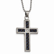 Stainless Steel Brushed/Polished Blk/Blue Carbon Fiber CZ Cross Necklace