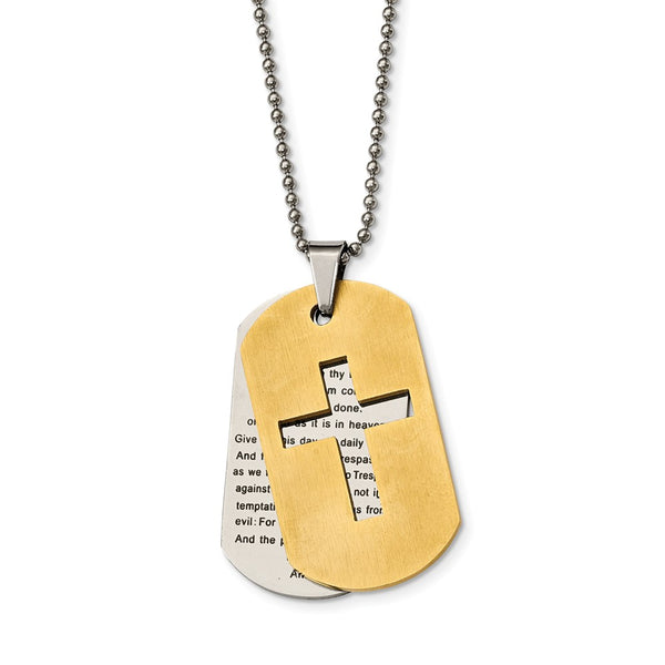 Stainless Steel Brushed/Polished Yellow IP Prayer Cross Necklace
