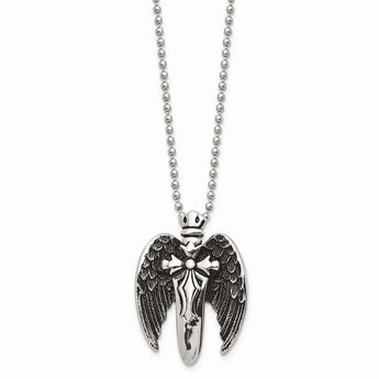 Stainless Steel Polished w/Brushed Back Antiqued Winged Sword Necklace