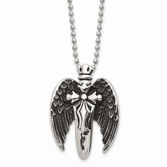 Stainless Steel Polished w/Brushed Back Antiqued Winged Sword Necklace