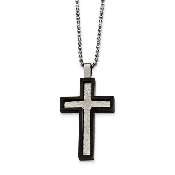 Stainless Steel Brushed and Polished Hammered Black IP Cross Necklace