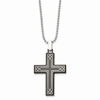 Stainless Steel Polished Laser Etched Black IP Cross Necklace