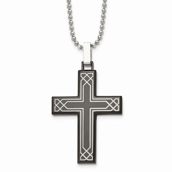 Stainless Steel Polished Laser Etched Black IP Cross Necklace