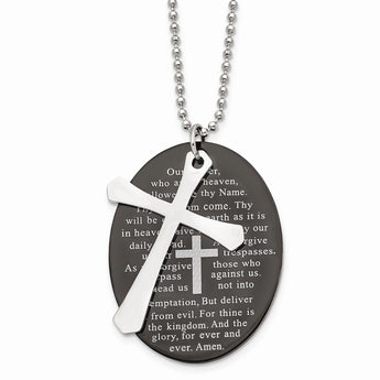 Stainless Steel Polished Blk IP Lord's Prayer Oval Cross Necklace