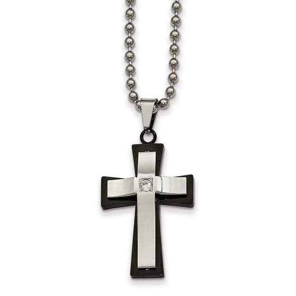 Stainless Steel Polished Blk IP Double Cross CZ Necklace
