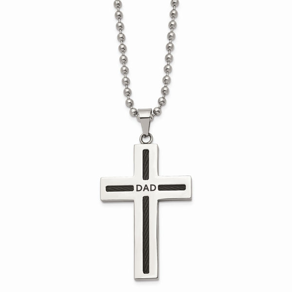 Stainless Steel Polished Black IP Cable Dad Cross Necklace