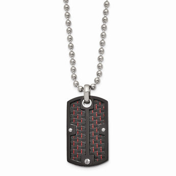 Stainless Steel Polished Blk IP Blk/Red Carbon Fiber Inlay Dogtag Necklace