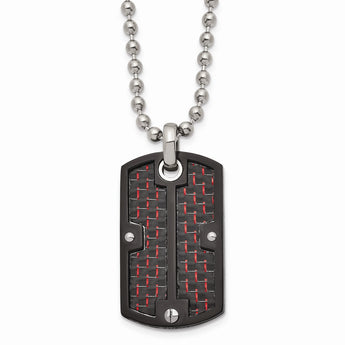 Stainless Steel Polished Blk IP Blk/Red Carbon Fiber Inlay Dogtag Necklace