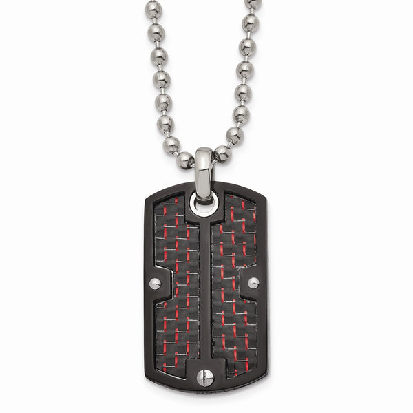 Stainless Steel Polished Blk IP Blk/Red Carbon Fiber Inlay Dogtag Necklace