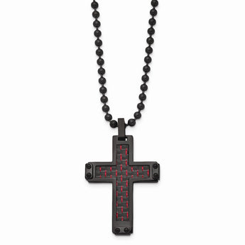 Stainless Steel Polished Black IP Blk/Red Carbon Fiber Inlay Cross Necklace