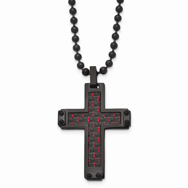 Stainless Steel Polished Black IP Blk/Red Carbon Fiber Inlay Cross Necklace