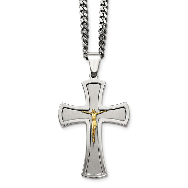 Stainless Steel Brushed & Polished Yellow IP-plated Crucifix Necklace