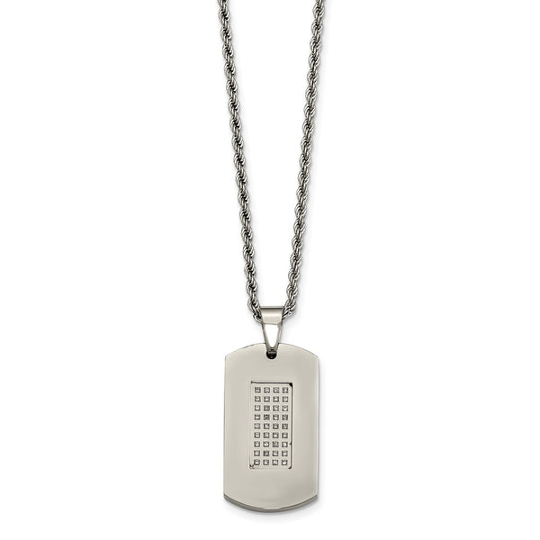Stainless Steel Polished & CZs Dog Tag Necklace