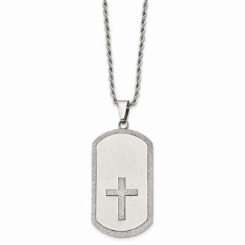 Stainless Steel Brushed Laser Cut Cross Dog Tag Necklace