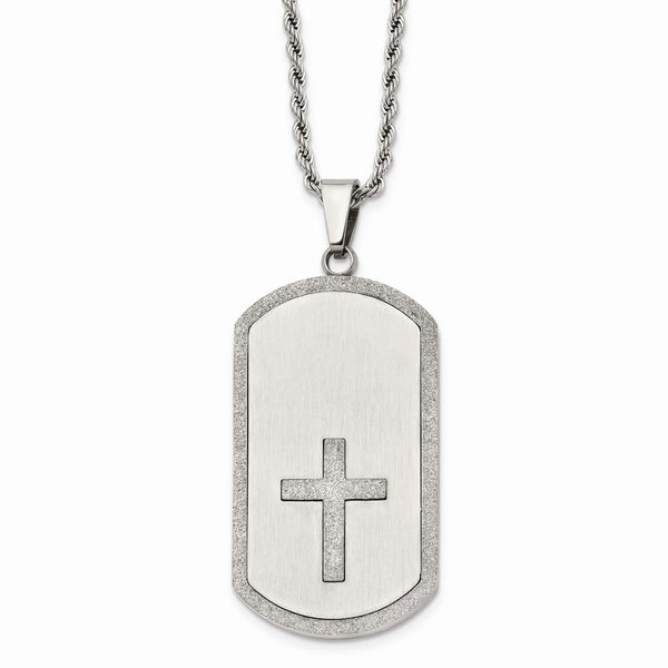 Stainless Steel Brushed Laser Cut Cross Dog Tag Necklace