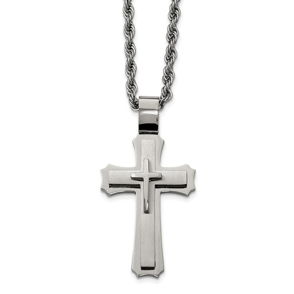 Stainless Steel Brushed and Polished Triple Layer Cross Necklace