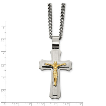 Stainless Steel Brushed/Polished Yellow IP Crucifix Necklace