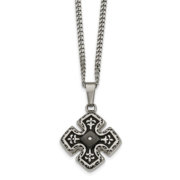 Stainless Steel Polished Black IP CZ Celtic Cross Necklace