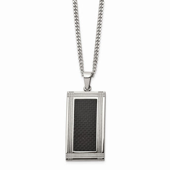 Stainless Steel Polished Grooved Black Carbon Fiber Inlay 24in Necklace