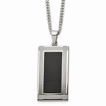 Stainless Steel Polished Grooved Black Carbon Fiber Inlay 24in Necklace