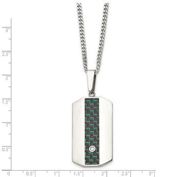 Stainless Steel Polished Blk/Green Carbon Fiber Inlay CZ Dogtag Necklace