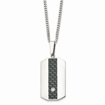 Stainless Steel Polished Blk/Green Carbon Fiber Inlay CZ Dogtag Necklace