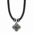 Stainless Steel Polished Black IP Braided Blk Leather CZ Necklace